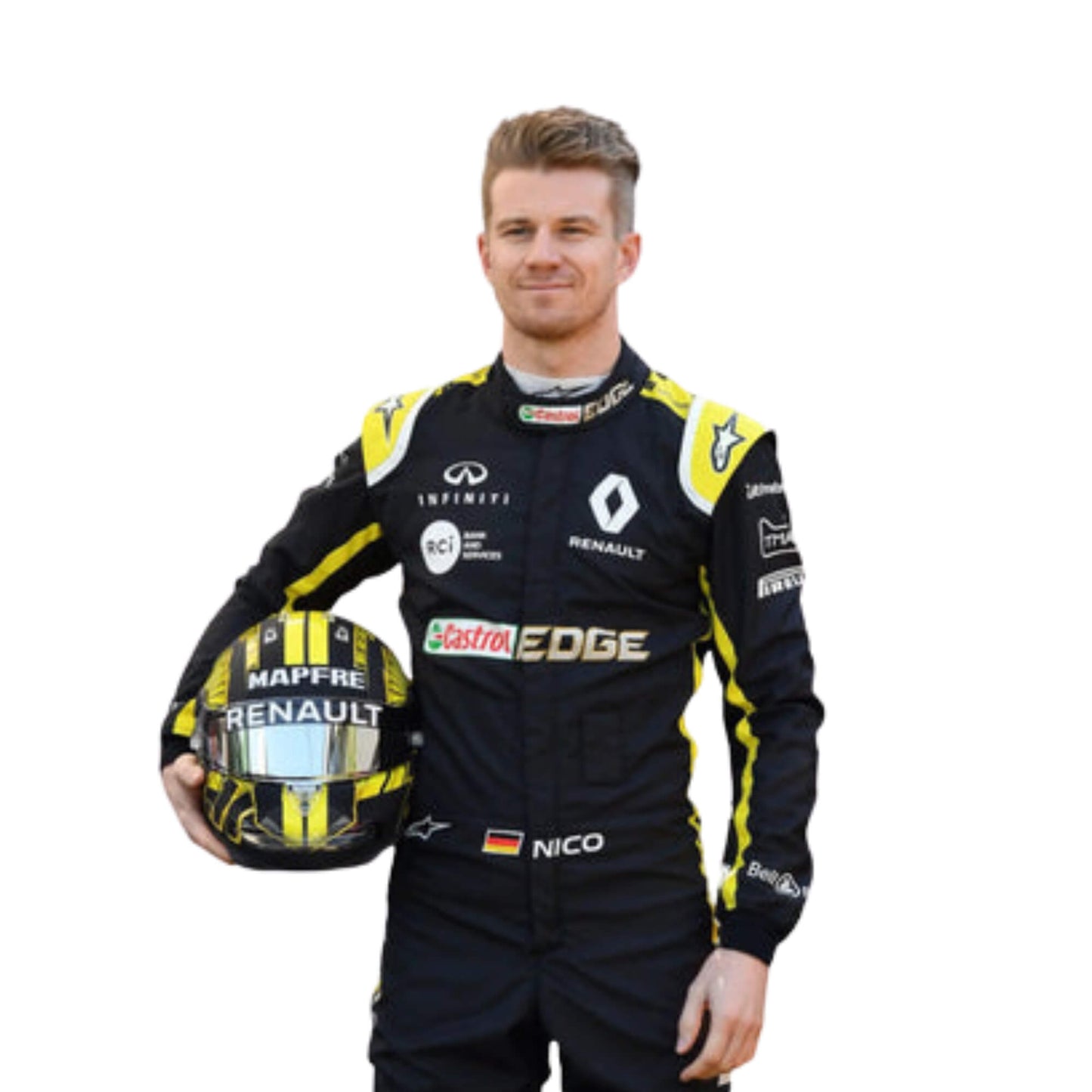 Nico Hülkenberg 2019 F1 suit – front close view highlighting a clean, modern design with dynamic race-inspired detailing, trending among F1 collectors.