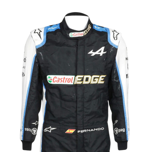 Close up front view of Fernando Alonso 2021 F1 racing suit – vibrant blue design