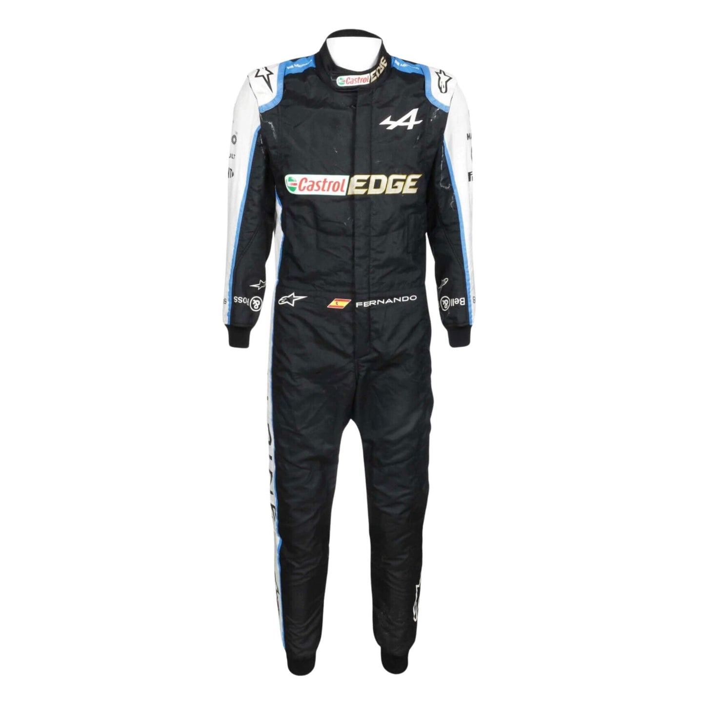 Front view of Fernando Alonso 2021 F1 racing suit – vibrant blue design