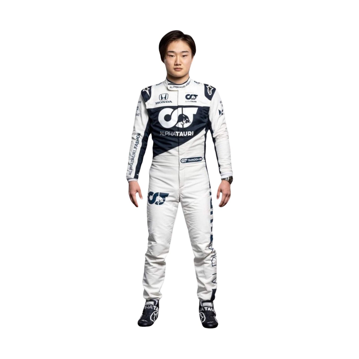 Yuki Tsunoda 2021 rookie season F1 racing suit – front view with sleek design