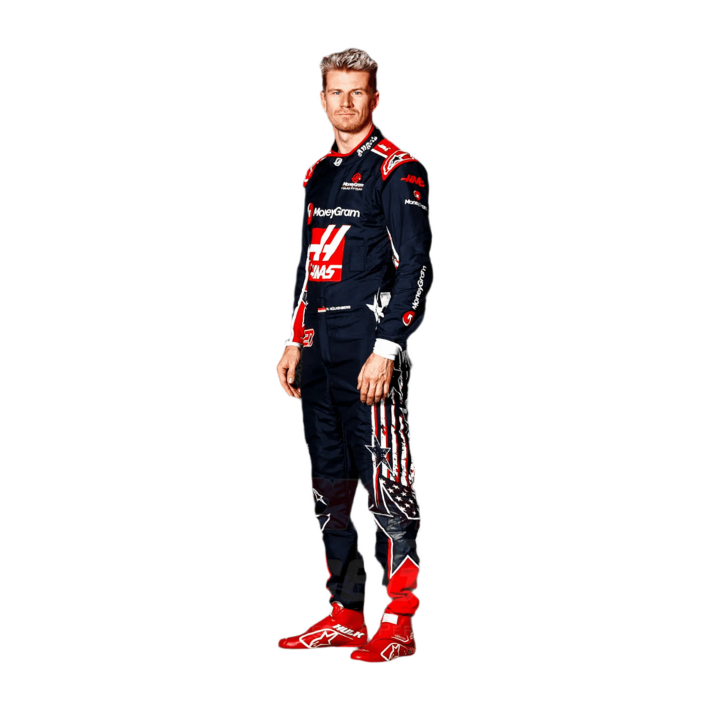 Side profile of Nico Hülkenberg in his 2023 Austin Grand Prix racing suit, highlighting the ergonomic fit and the interplay of navy blue and red fabrics, enhanced by subtle star-themed detailing along the side seams.