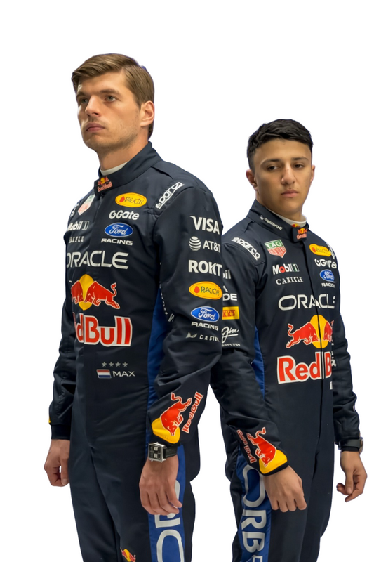 2026 F1 racing costume worn by Max Verstappen and Isack Hadjar featuring aggressive contour lines, Redbull logo, dynamic stretch zones, and precision sponsor placement in deep navy and crimson tones. in speedxgear