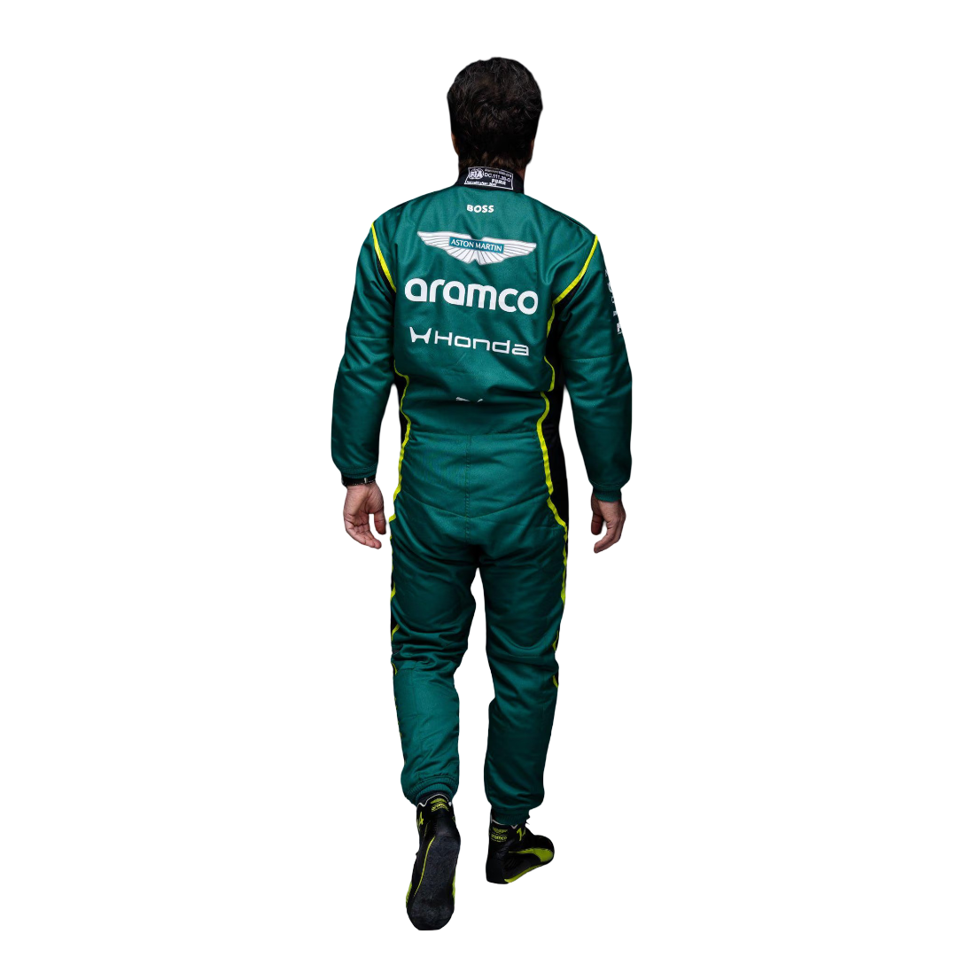 Back view of the 2026 Fernando Alonso Lance Stroll F1 Racing Suit from Speedxgear, showcasing British racing green with neon lime accents, breathable paneling, and detailed sponsor placements