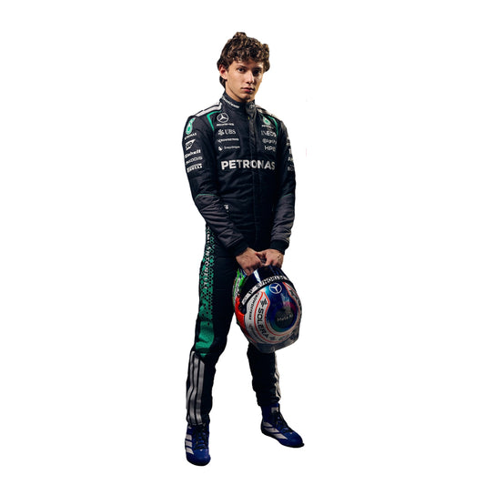 front view of andrea kimi antonelli 2026 mercedes f1 racing suit with amg Petronas branding.