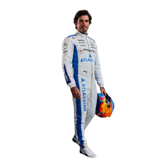 Carlos Sainz Jr in his 2025 Monaco GP racing suit, displaying the front with team colors.