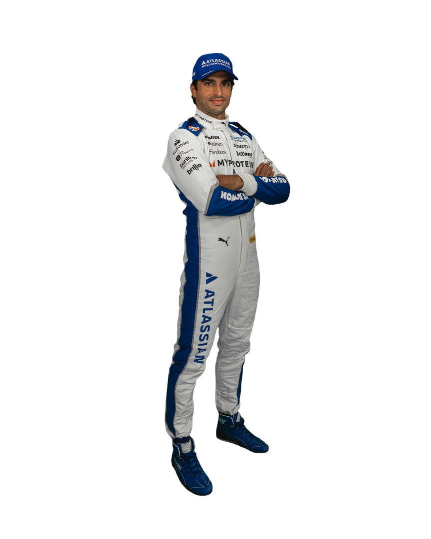 Carlos Sainz wearing a 2025 US GP F1 Racing Suit with blue accents on a white background .Speedxgear