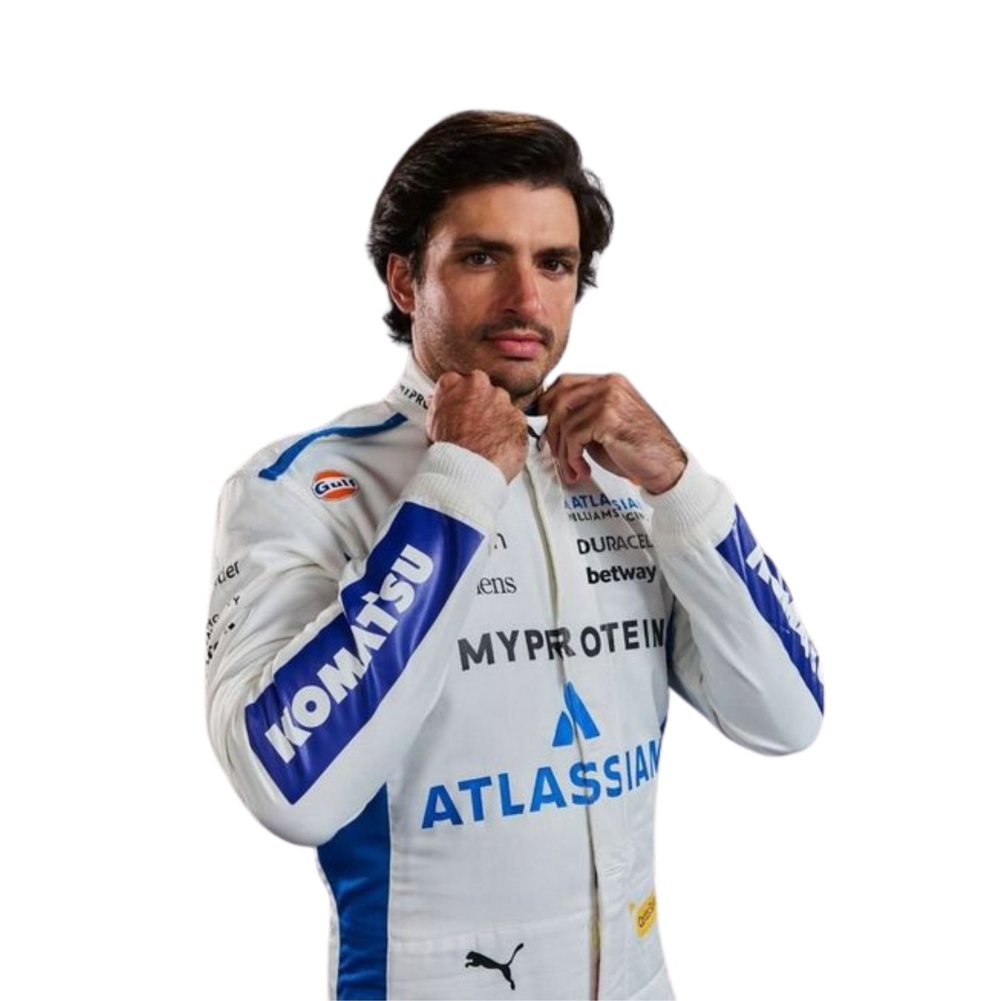 Right side angle of the 2025 Formula 1 suit styled after Carlos Sainz, highlighting sleek fit and craftsmanship speedxgear