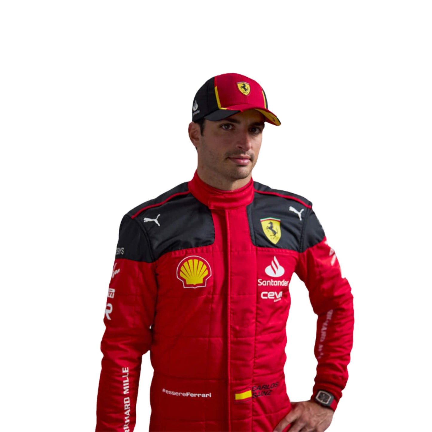 Close-up of Sainz's 2023 F1 racing suit fabric texture and stitched sponsor logos, detailing the high-quality materials and the integration of the red and black color palette.