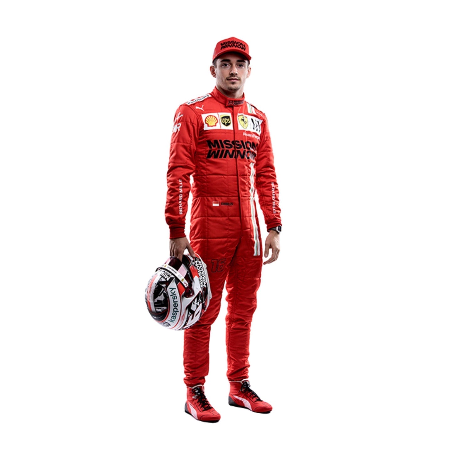 Front view of Charles Leclerc’s 2021 F1 racing suit featuring dynamic red design with detailed stitching and prominent chest branding.