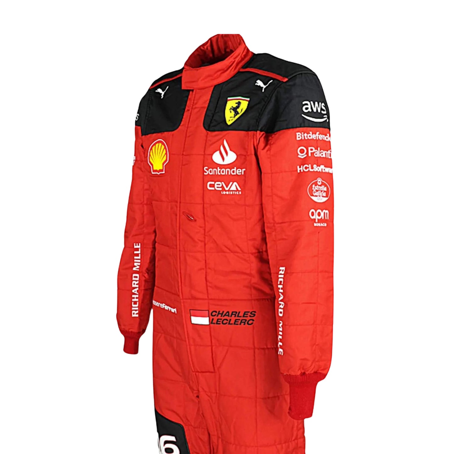 Right Side profile of Charles Leclerc’s 2023 racing suit highlighting the black side panels against the Rosso Le Mans red base, with white sponsor details on the arms and legs, emphasizing the suit's tailored fit.