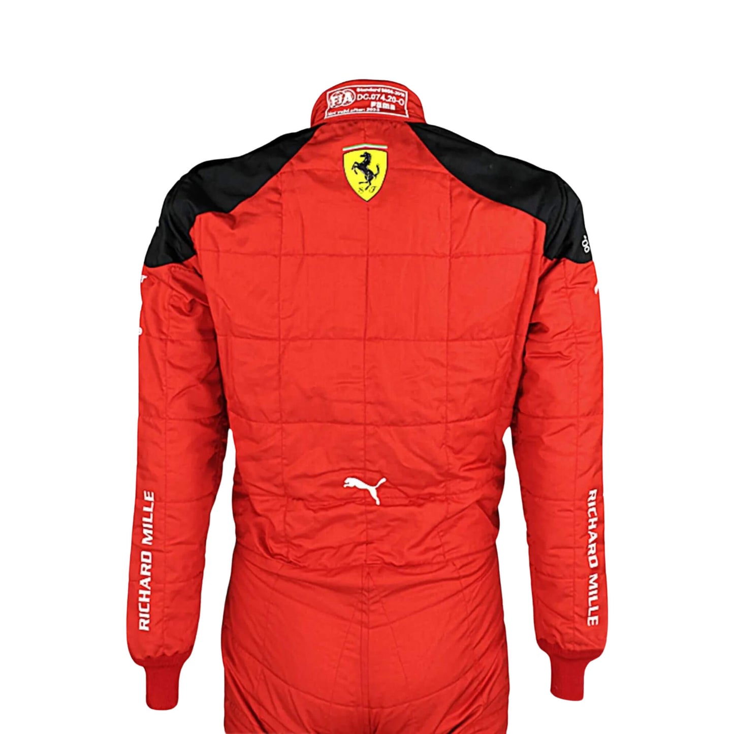 Rear view of Leclerc’s 2023 racing suit displaying the continuation of the Rosso Le Mans red and black color scheme with prominently placed sponsor logos and aerodynamic paneling.