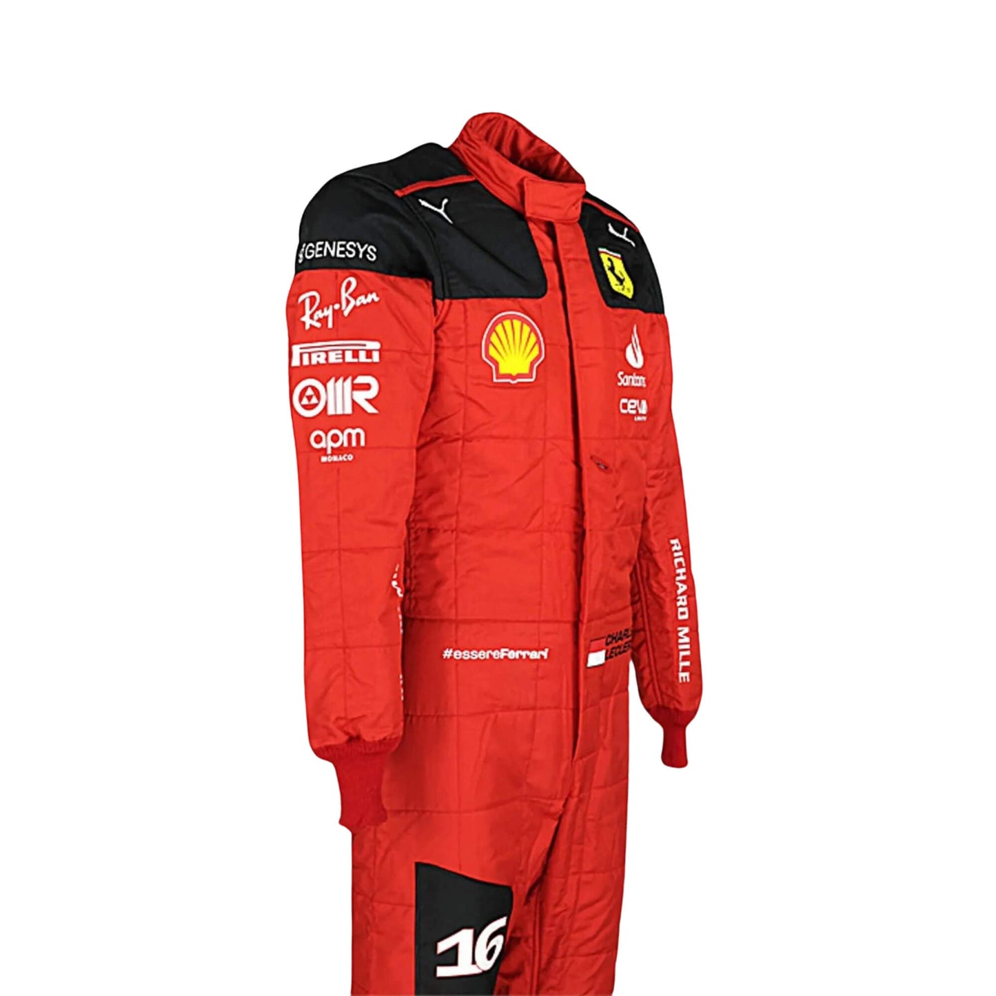 Left Side profile of Charles Leclerc’s 2023 racing suit highlighting the black side panels against the Rosso Le Mans red base, with white sponsor details on the arms and legs, emphasizing the suit's tailored fit.