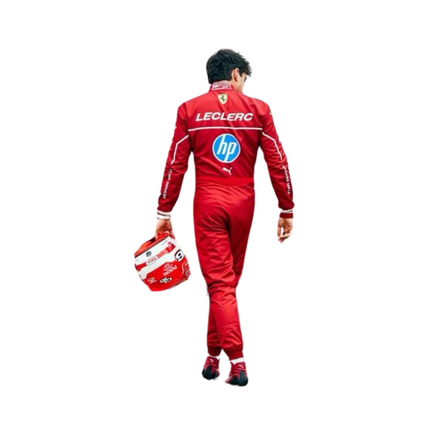 Rear view of Charles Leclerc’s 2025 F1 racing suit with detailed stitching and professional finish in Ferrari’s iconic red and black.