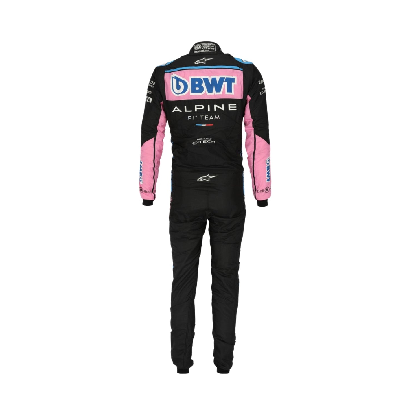 Rear view of Ocon's 2023 Las Vegas Grand Prix racing suit displaying the continuation of the black, pink, and blue color scheme with prominently placed sponsor logos and aerodynamic paneling.