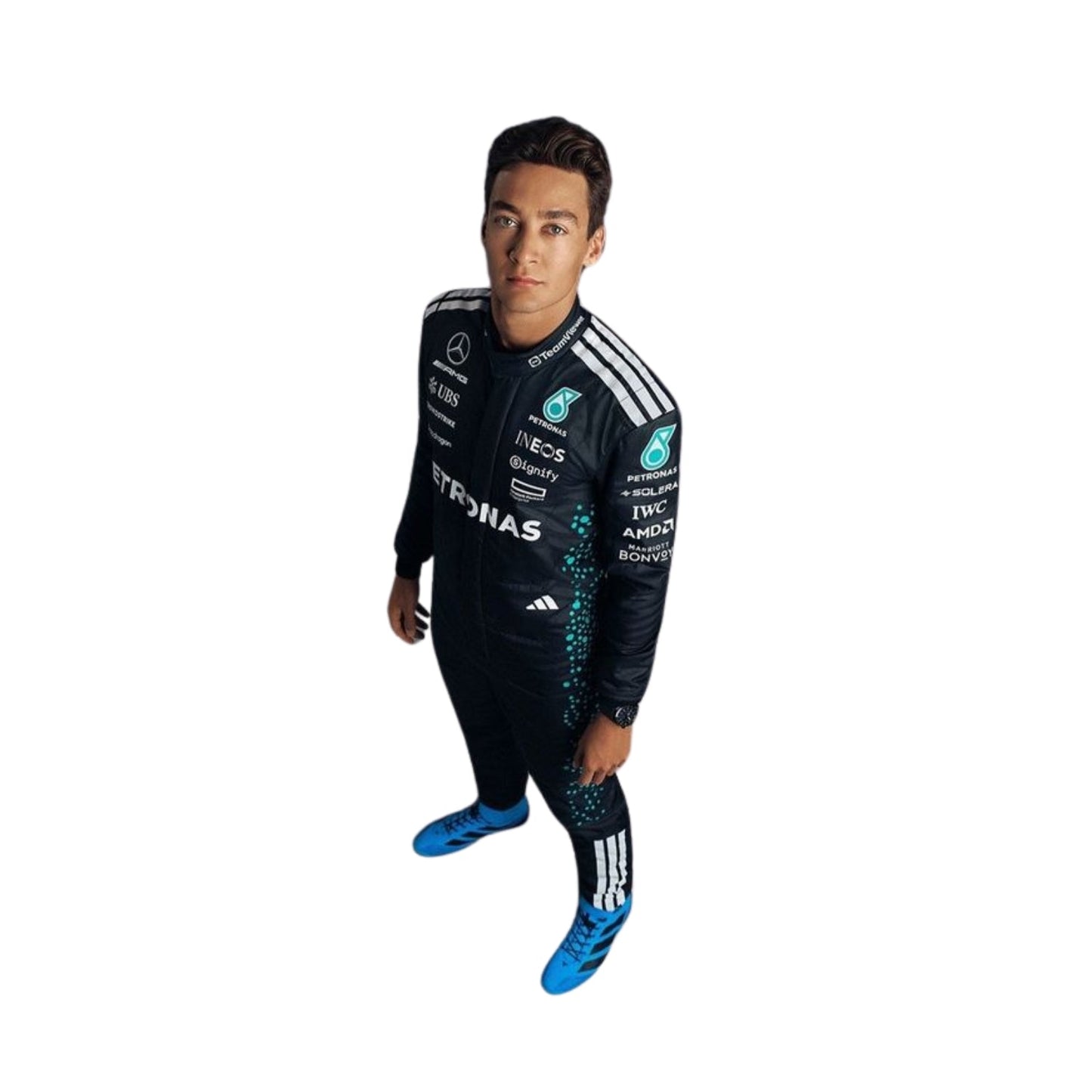Side profile of 2025 racing outfit worn by George Russell with contour-hugging panels, breathable mesh insets, and streamlined sponsor layout.