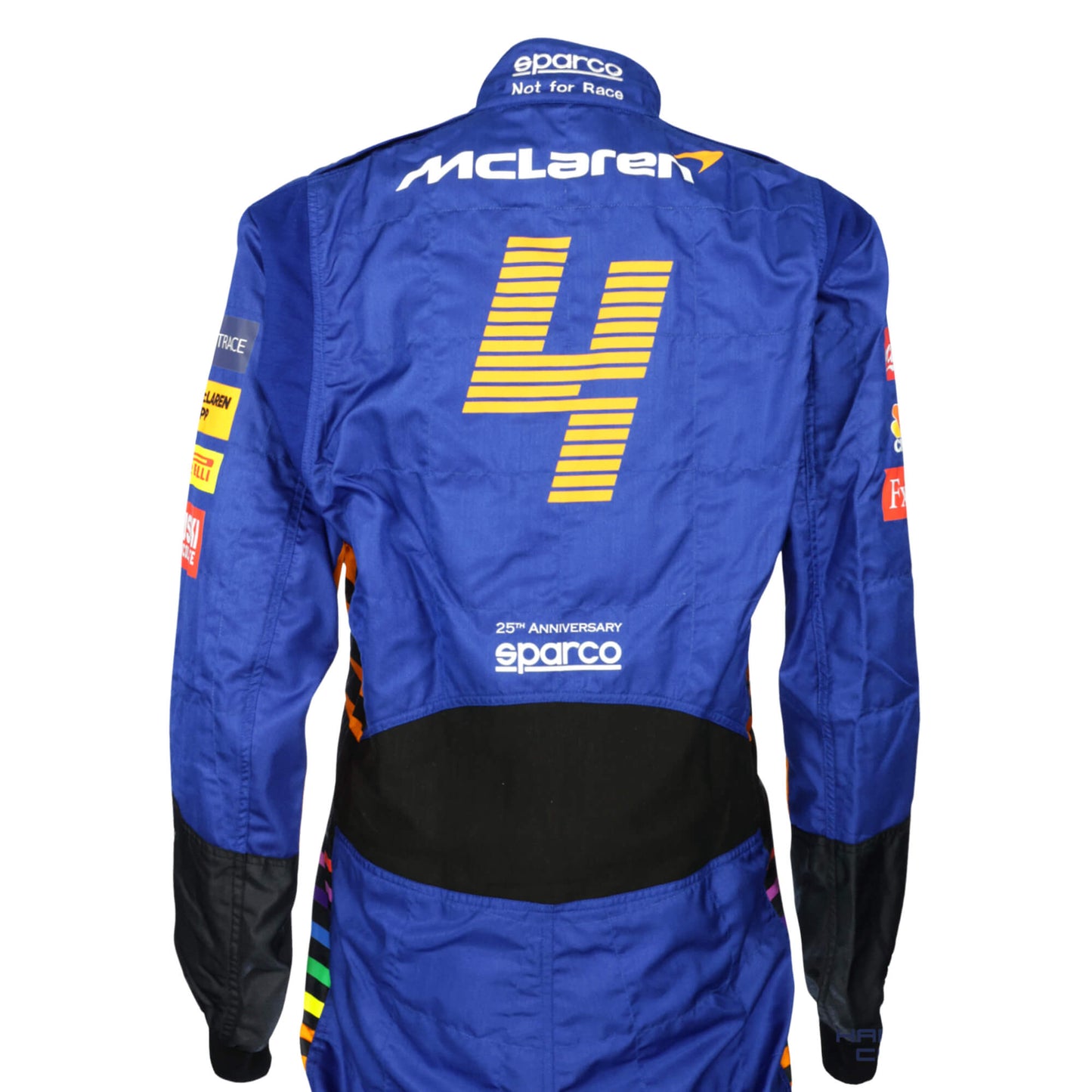 Back view of Lando Norris 2021 Formula 1 racing costume showing printed name and signature styling