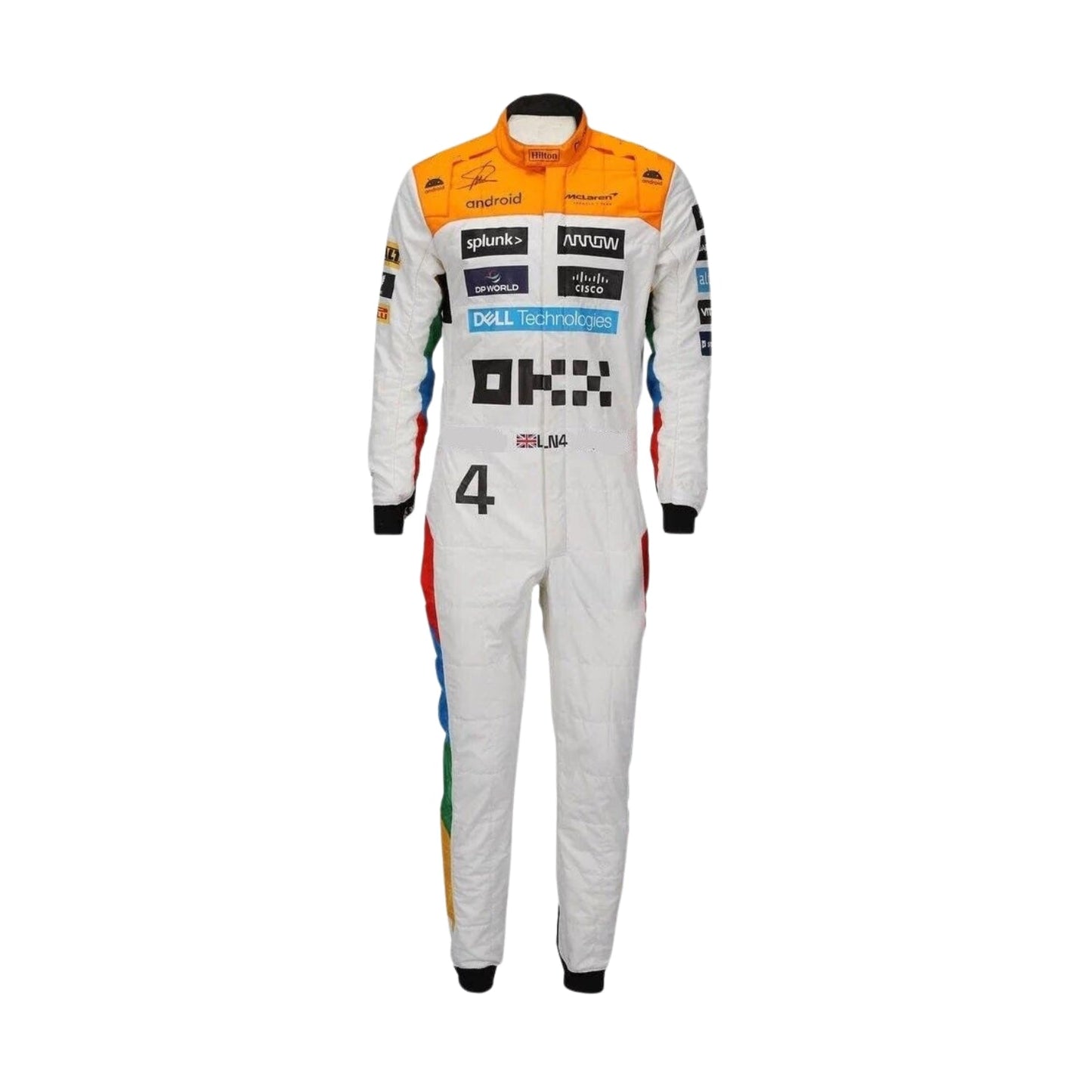 Lando Norris in his 2023 Silverstone Grand Prix racing suit with patriotic detailing and aerodynamic design tailored for peak performance.