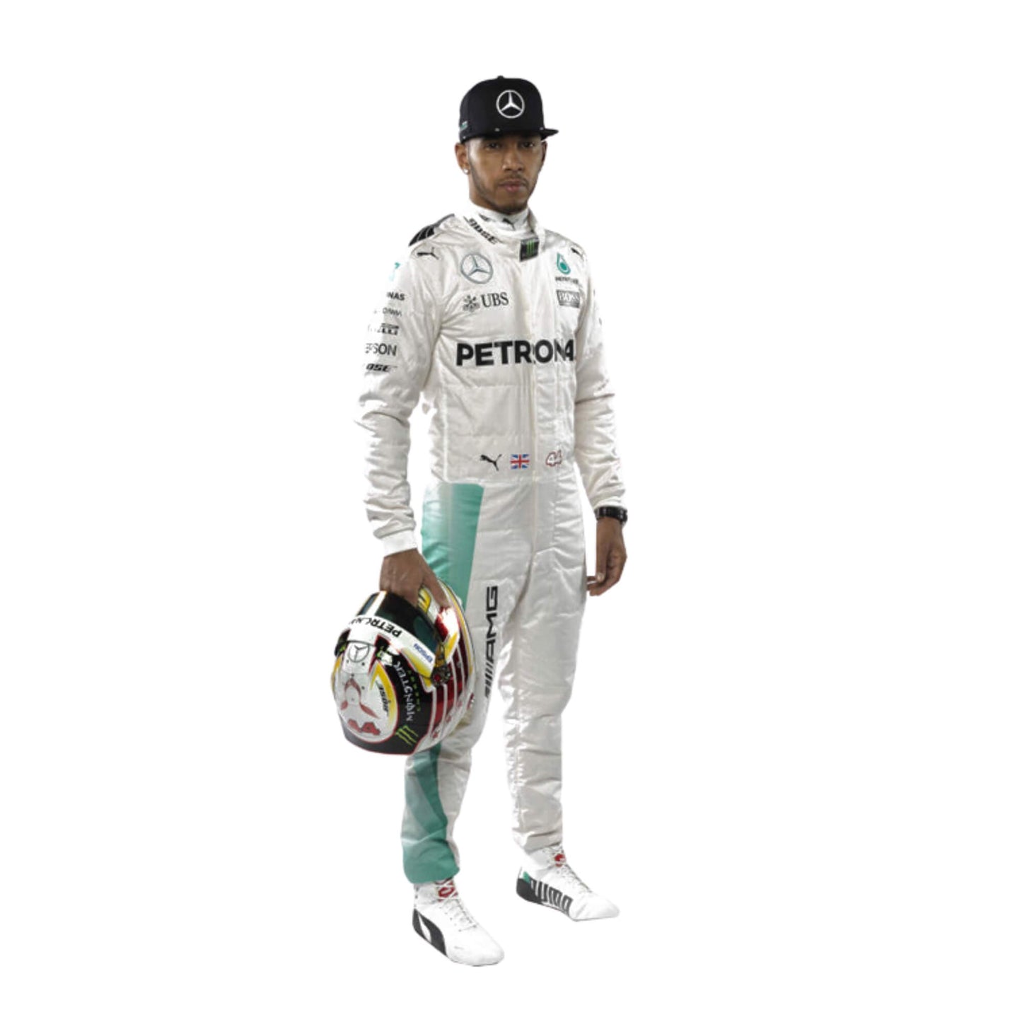 Left side view of Lewis Hamilton’s 2017 racing suit, showing sponsor logos and fine detailing on the tailored fit