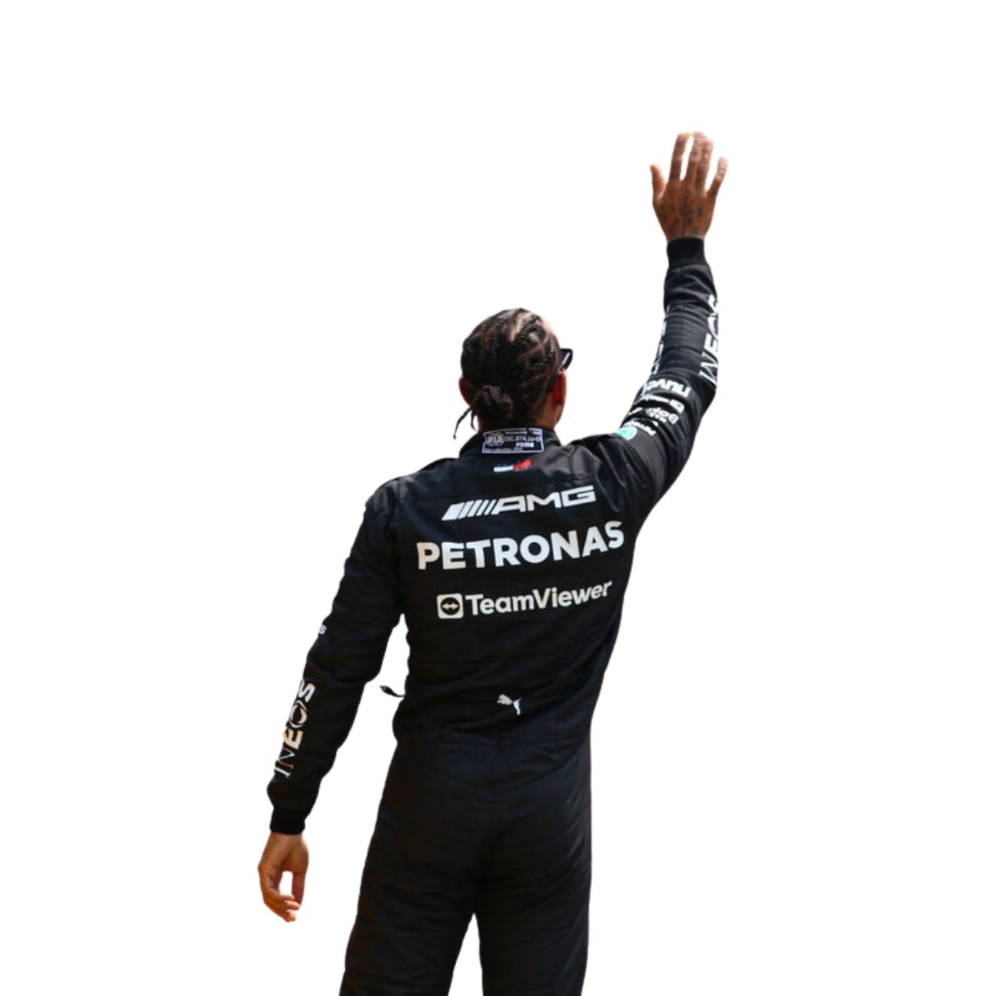 Rear view emphasizing the suit's ergonomic design and logos for optimal movement and comfort during the race.
