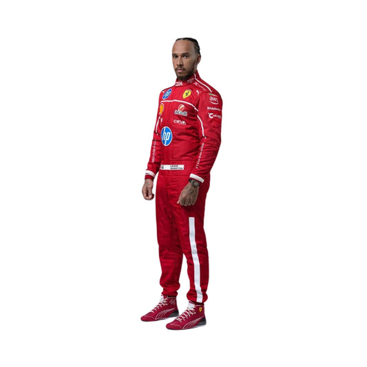 Side left profile of Lewis Hamilton 2025 F1 racing suit showcasing sleek fit, durable material, and Ferrari’s signature red and black design.