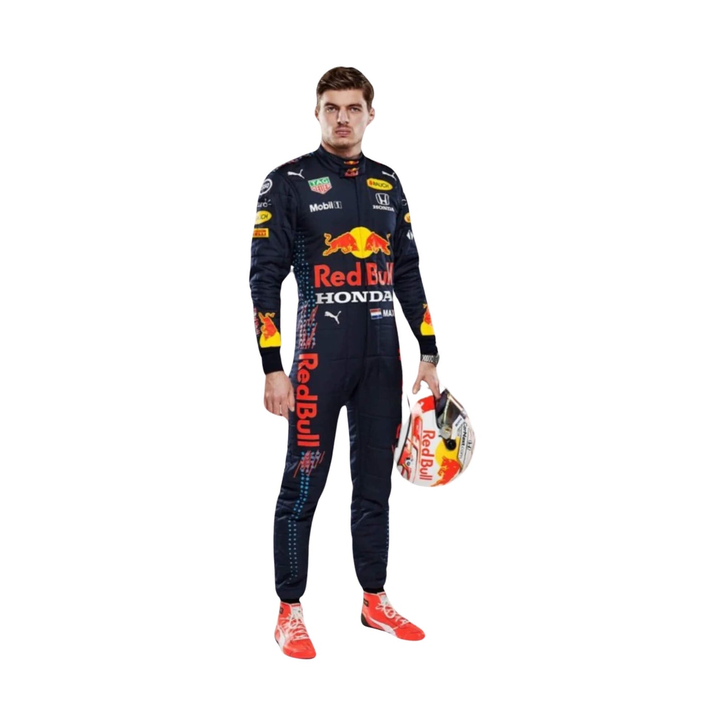 Max Verstappen 2019 F1 racing suit front view – bold and dynamic design with race-inspired elements, highly admired by motorsport fans.