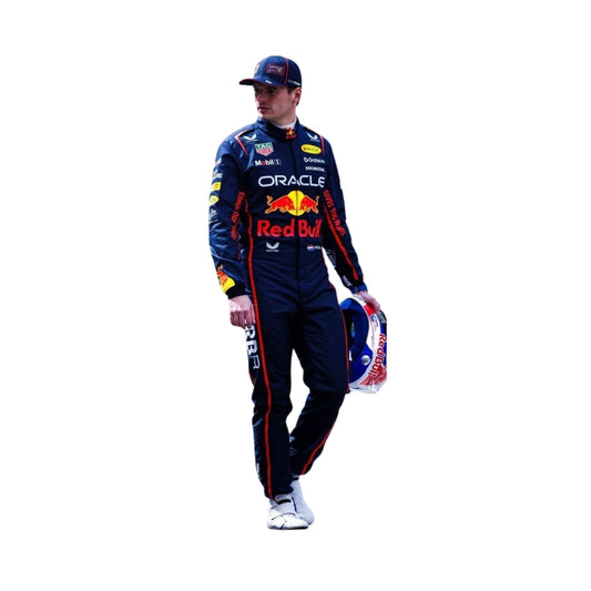 Side profile of Max Verstappen 2025 F1 racing suit showcasing a sleek design, durable material, and signature color scheme.