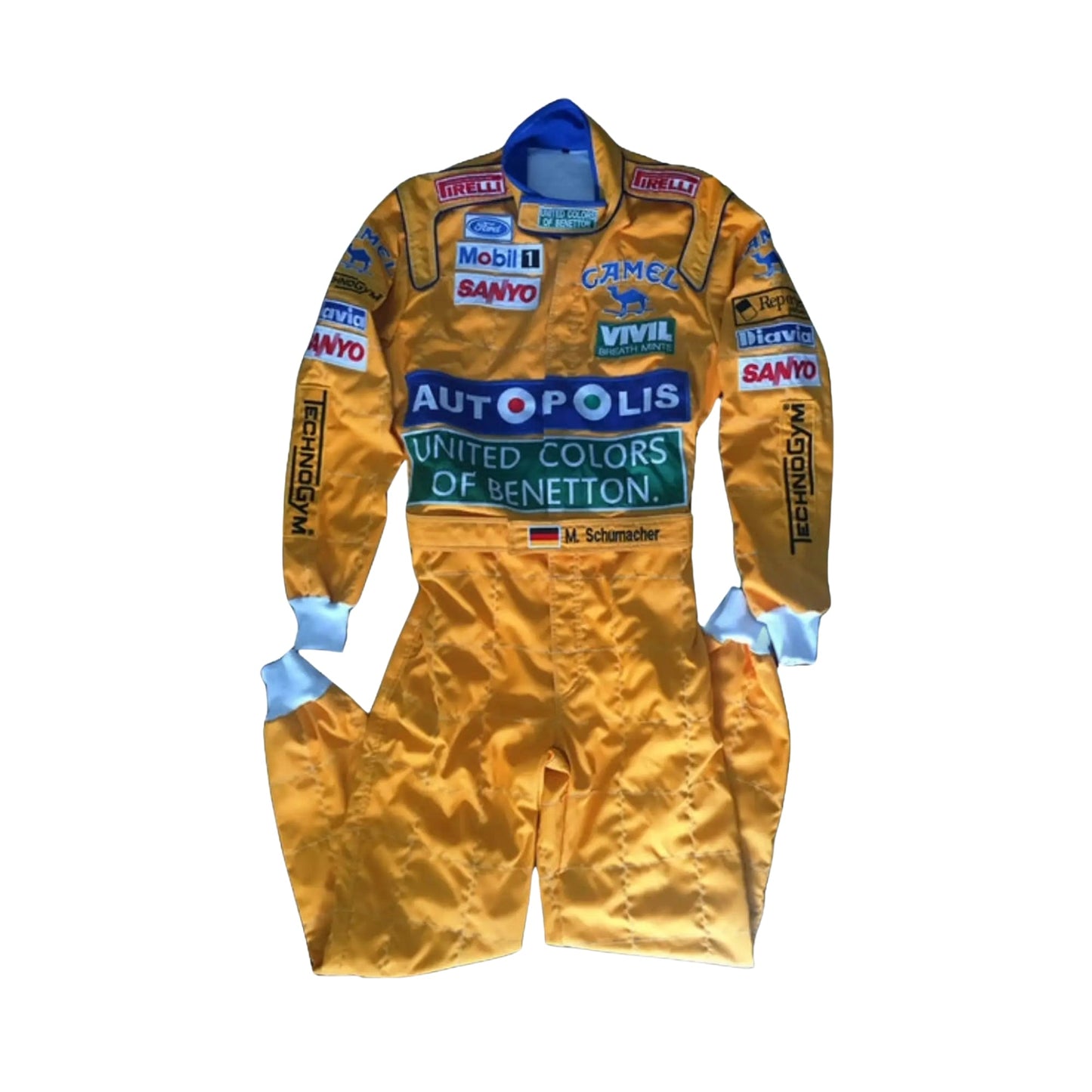 Close-up of the embroidered logos, stitching details, and breathable fabric textures from Michael Schumacher’s 1992 Benetton F1 race suit.