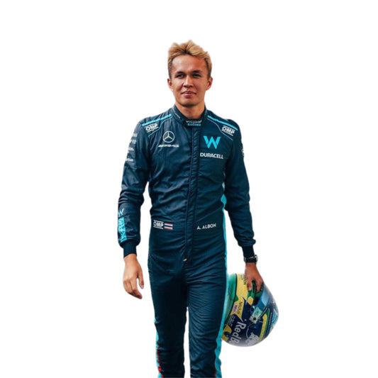 Close-up of the upper torso of Alexander Albon's 2022 racing suit, featuring navy blue fabric with light blue detailing