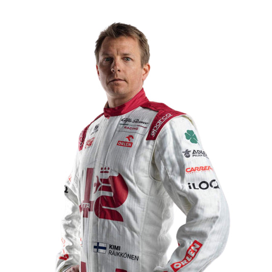 Closeup view of Kimi Räikkönen 2021 F1 racing suit – sleek design
