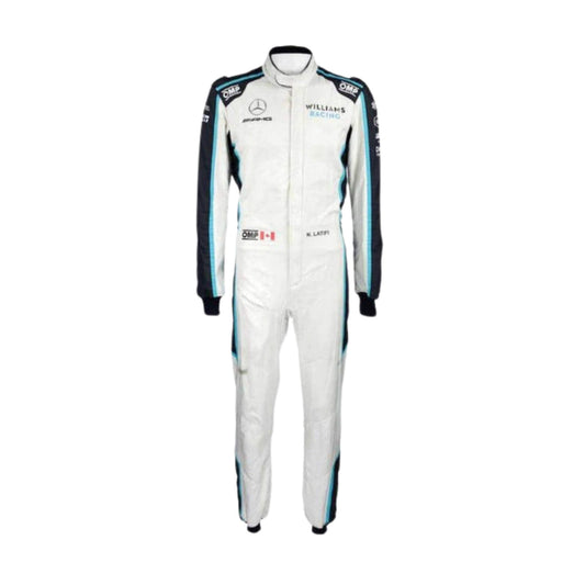 2021 Nicholas Latifi F1 Racing Suit Front View, Navy and White Design, Race-Ready Stitching
