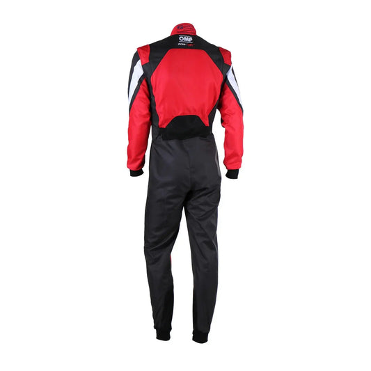 Back View of Red and black racing suit with visible branding OMP Kart Suit KS-3X - FIA 88770 SpeedX Gear