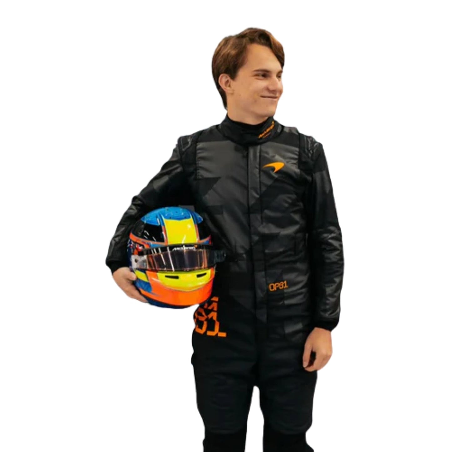 Front view of the 2025 McLaren F1 livery reveal racing costume worn by Oscar Piastri, featuring a sleek matte black base with bold orange logos and driver initials (OP81) in neon orange.