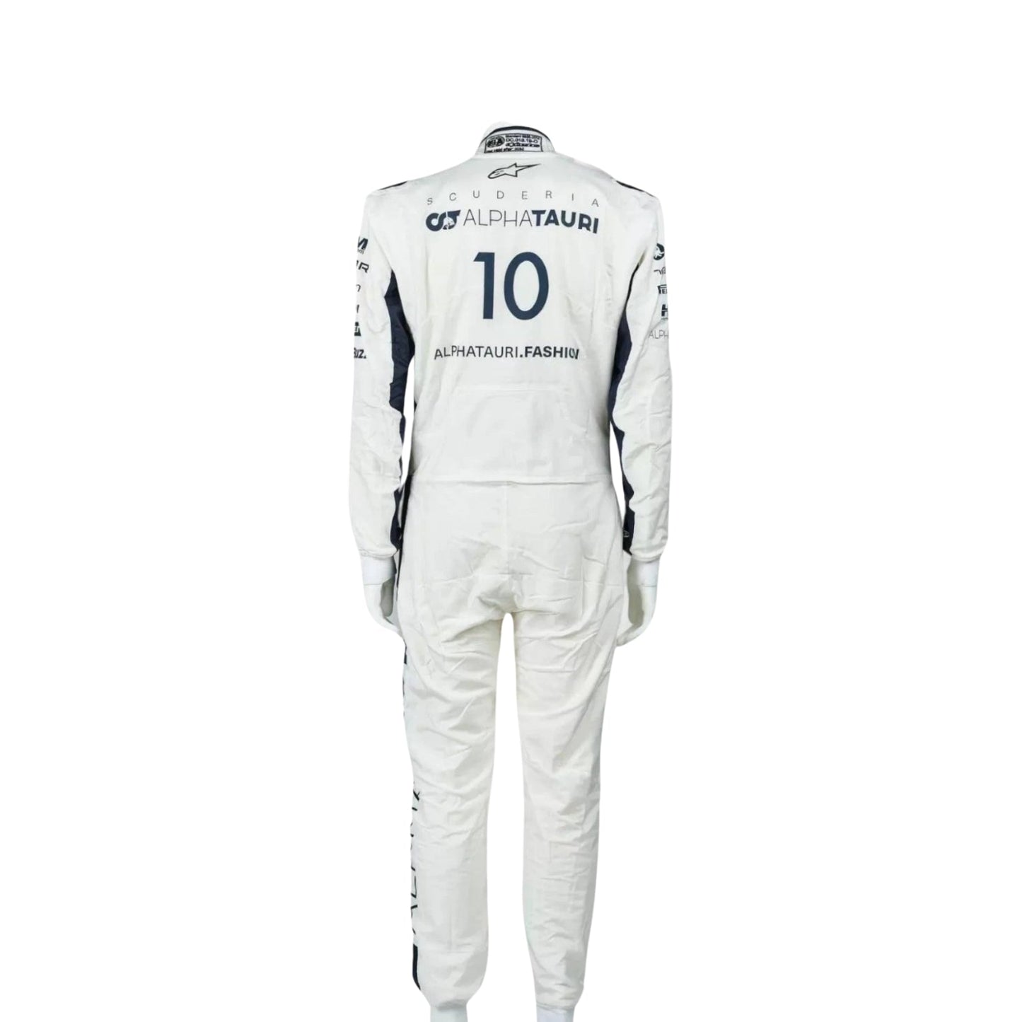 Pierre Gasly 2022 F1 Racing Suit, detailed front and rear view showcasing sponsor logos, premium fabric, and aerodynamic fit designed for high-performance racing.