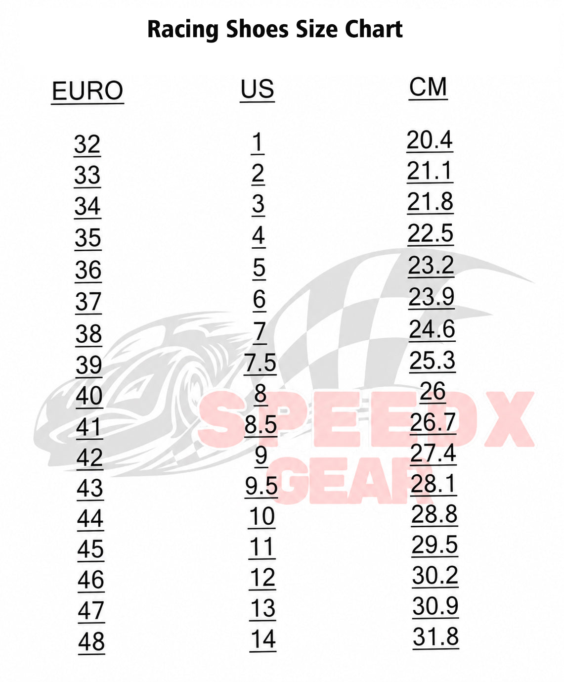 Racing Shoes Size Chart - Speedxgear