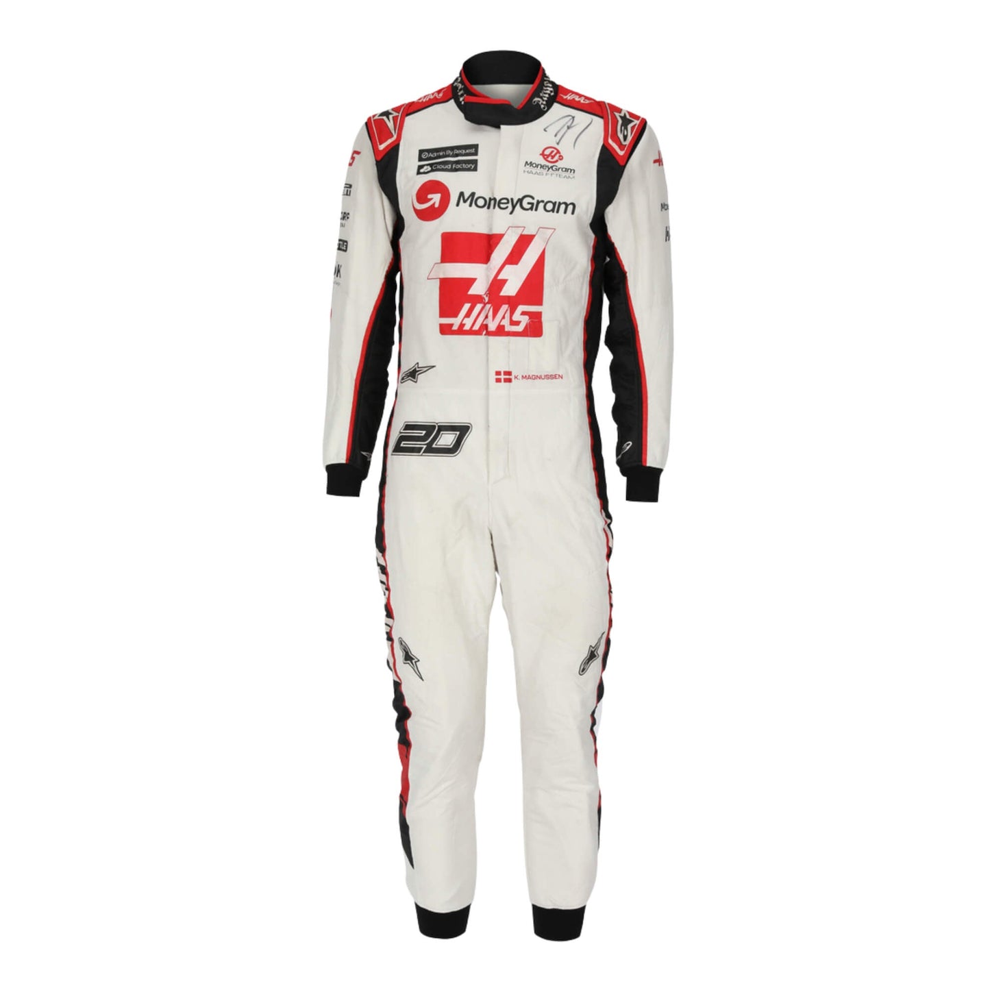 Kevin Magnussen’s 2017 signed Grand Prix F1 racing suit, front view, with embroidered sponsor logos and a sleek, performance-oriented design.