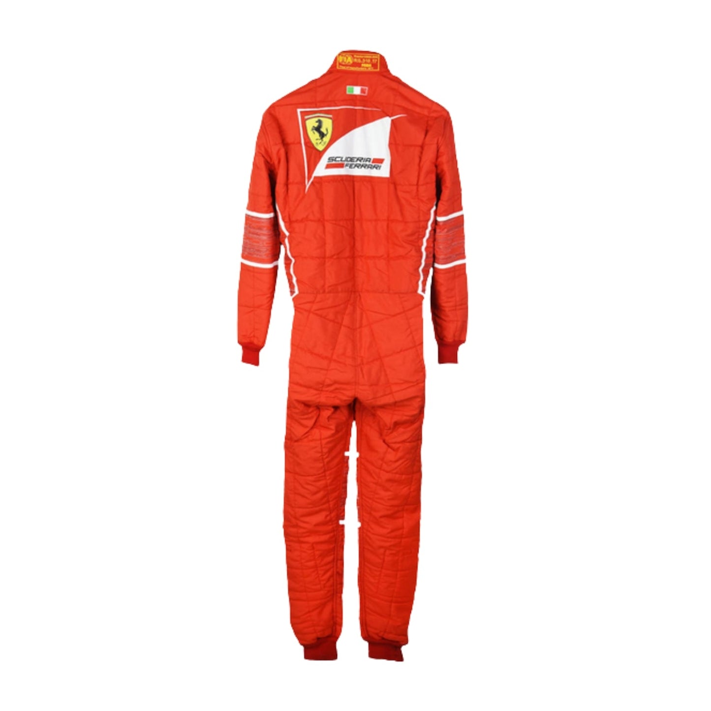 Back view of the 2017 racing suit worn by Sebastian Vettel, dominated by bright red color and neatly arranged white branding patches.