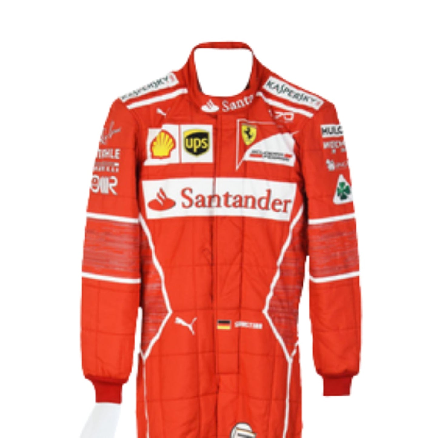 Close-up of Sebastian Vettel’s 2017 racing suit, highlighting the premium red material, detailed stitching, and crisp white sponsorship marks.