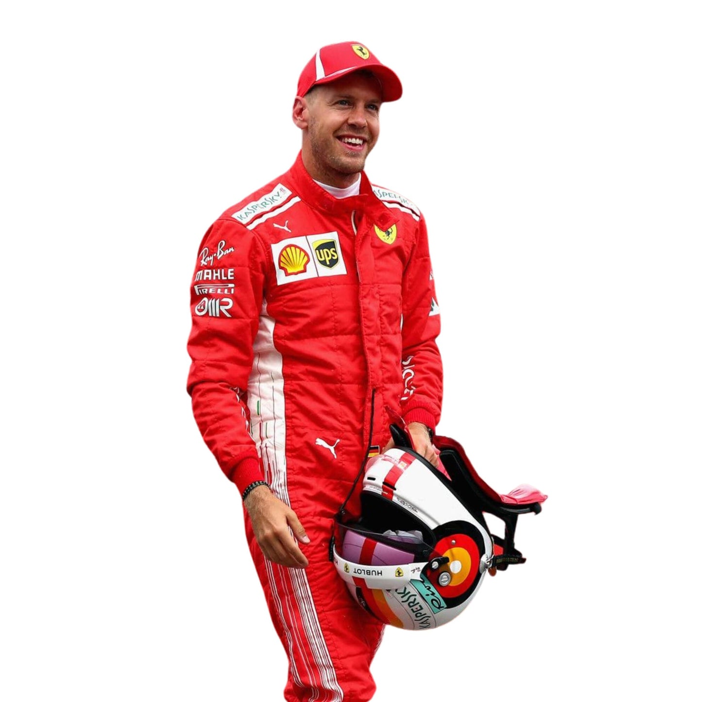 Sebastian Vettel 2018 F1 racing suit – sleek and iconic design with detailed race-day styling, popular among motorsport collectors.