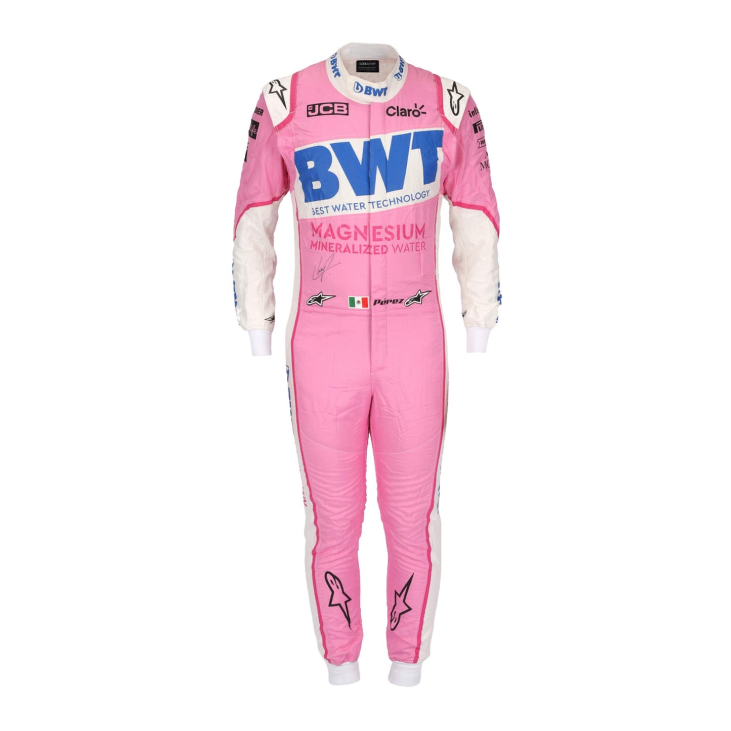 Sergio Perez 2020 Racing Point F1 suit – front view showcasing the distinctive pink and green design