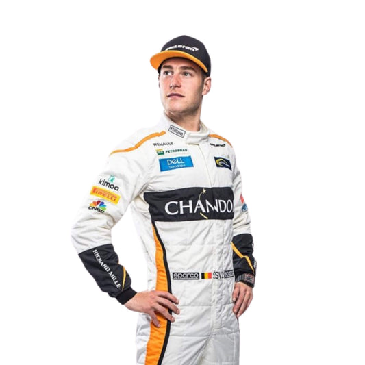 Close-up of the chest area on Stoffel Vandoorne’s 2017 racing suit, highlighting detailed sponsor embroidery and premium craftsmanship