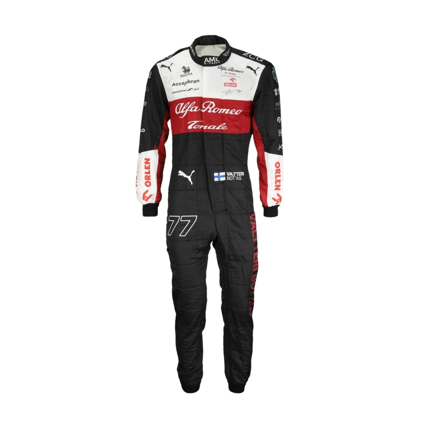 2022 Valtteri Bottas F1 Racing Suit Front View, Sleek Design, Full Zipper, Sponsor Logos