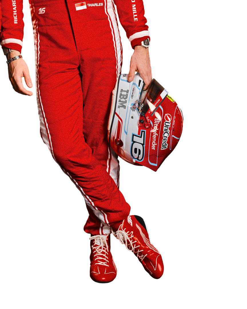 Charles Leclerc wearing a red f1 2026 racing suit with visible branding on a white background