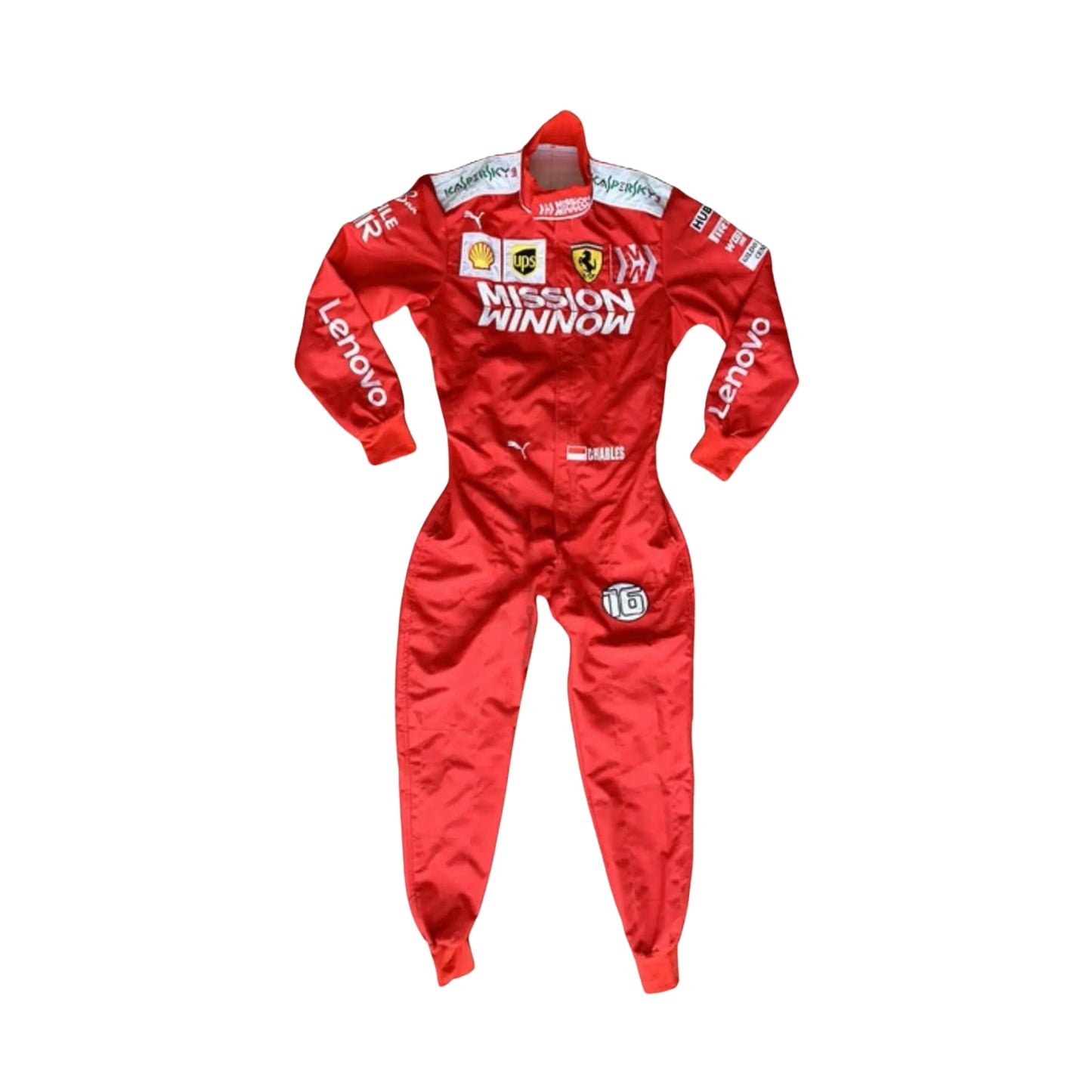 Front view of Charles Leclerc's 2019 Scuderia Mission Winnow race suit, featuring prominent red design with logos.