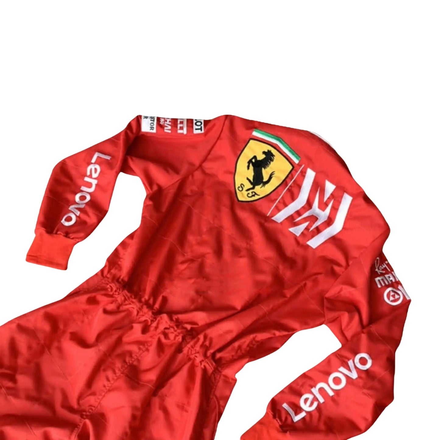 close up Rear view of the 2019 F1 race suit worn by Charles Leclerc, showcasing the large shield and 'Mission Winnow' branding.