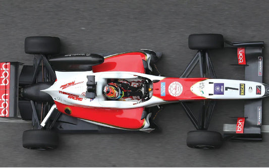 "Professional Formula race car and driver in racing suit ."