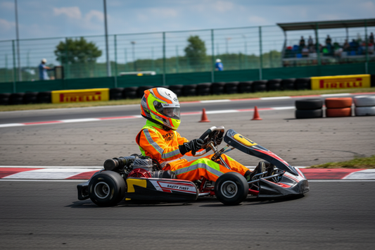 Young karting driver wearing a high-visibility youth racing suit while driving a go-kart on track