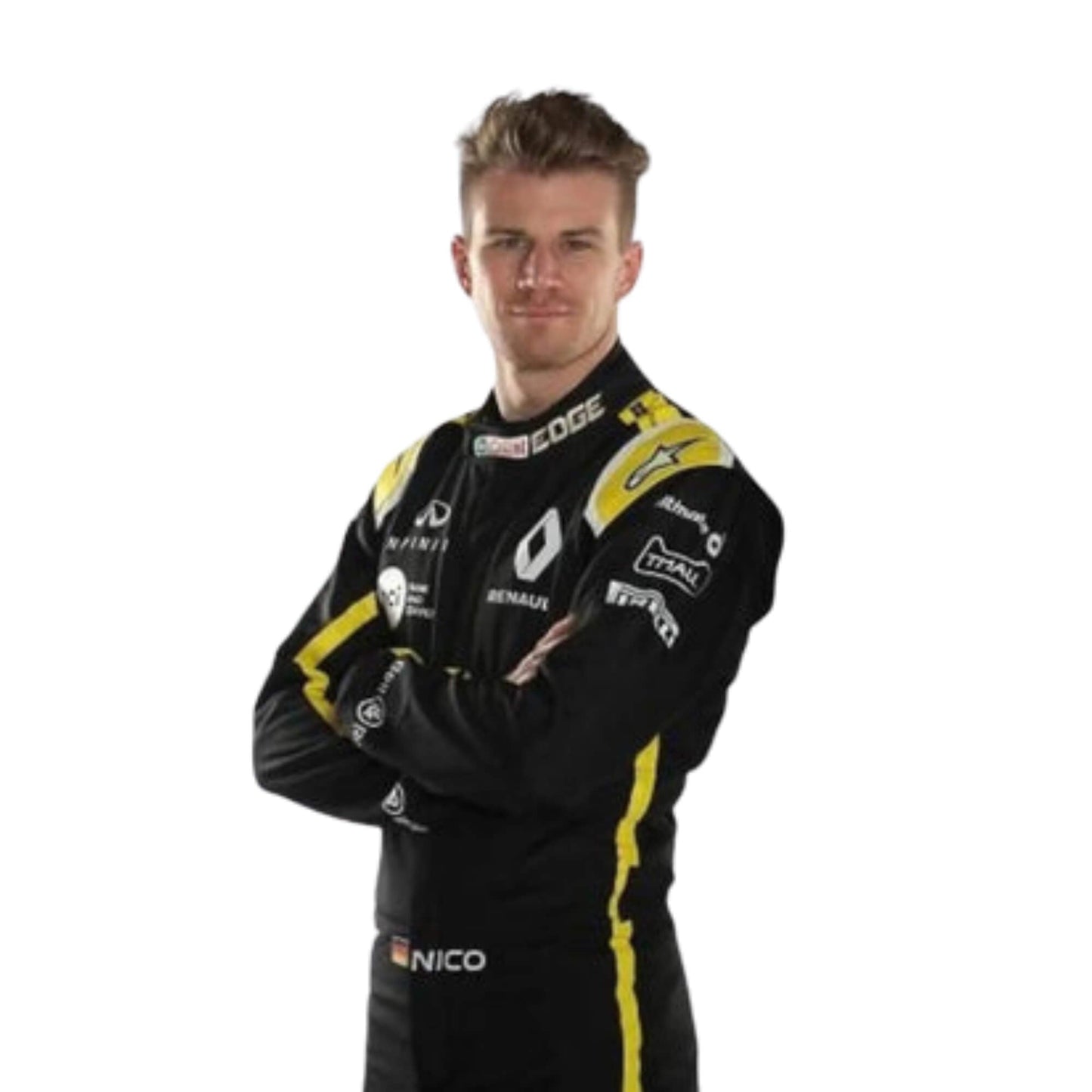 Nico Hülkenberg 2019 F1 suit – side view highlighting a clean, modern design with dynamic race-inspired detailing,