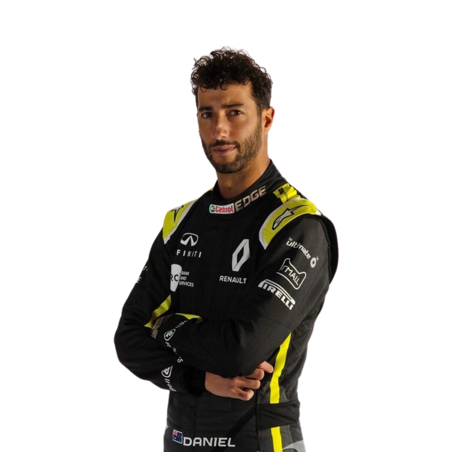 Daniel Ricciardo 2020 F1 racing suit Side view – vibrant and energetic design with race-specific details, popular among Formula 1 fans and collectors