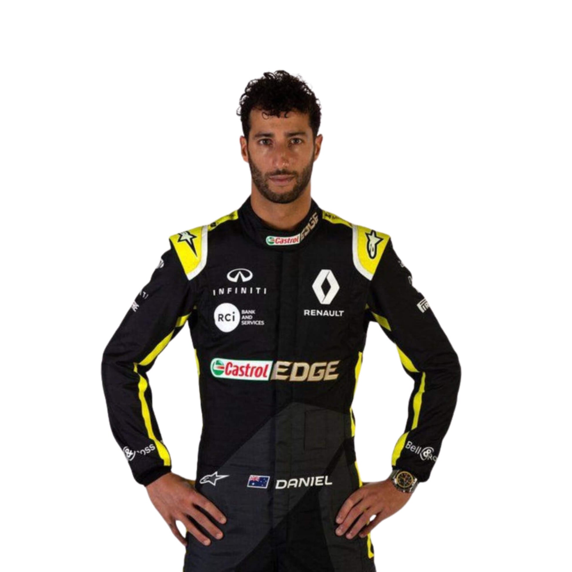 Front close up view of Daniel Ricciardo 2020 F1 racing suit – vibrant and energetic design with race-specific details