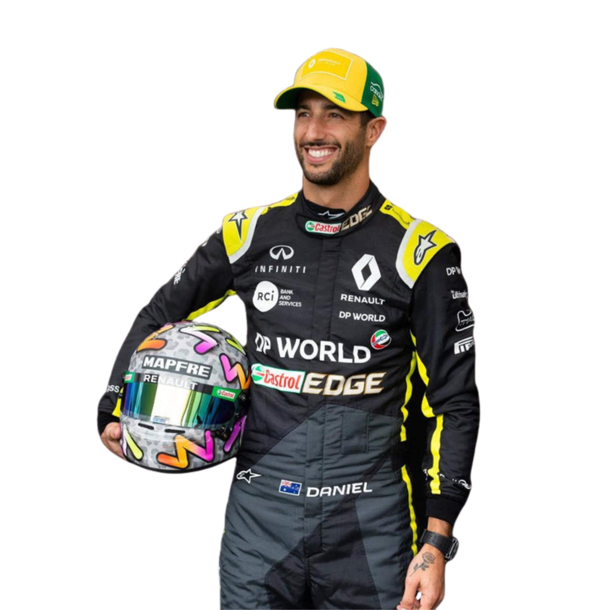 Daniel Ricciardo 2020 F1 racing suit close up– vibrant and energetic design with race-specific details